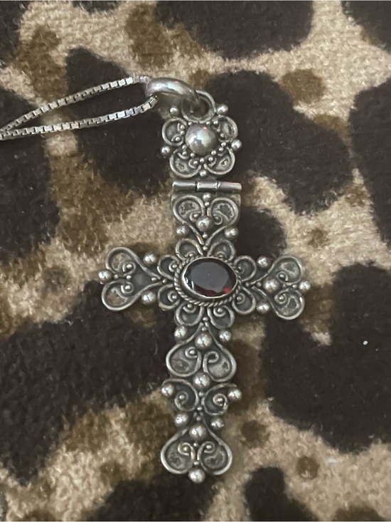 Jewelry - Elegant Unique Silver Cross Necklace with Red Gemstone Vintage””